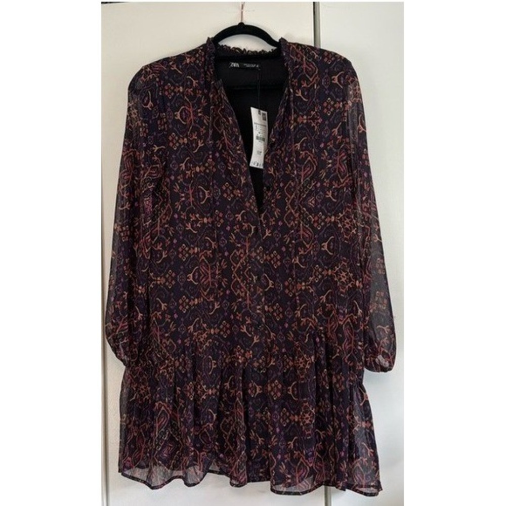 Zara Women Purple Orange Ikat Print Ruffle Mini Dress Boho Long Sleeve Small NEW